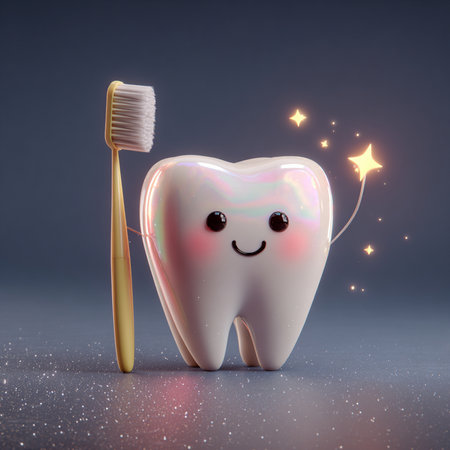 Tooth with toothbrush on a blue background. 3d illustrationの素材