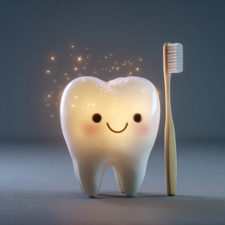 Tooth character with toothpaste and toothbrush on a yellow backgroundの素材