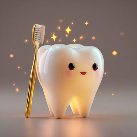 Tooth with a toothbrush on a blue background. 3d illustrationの素材