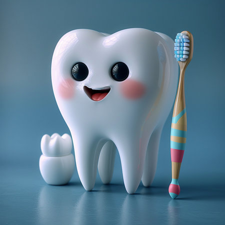 Tooth with toothbrush on a blue background. 3d illustrationの素材