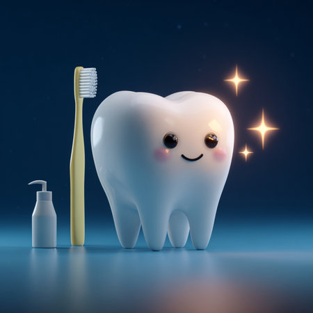 Tooth with toothbrush on a gray background. 3d illustrationの素材