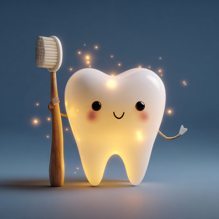 Tooth with toothbrush on blue background. Dental care concept.の素材