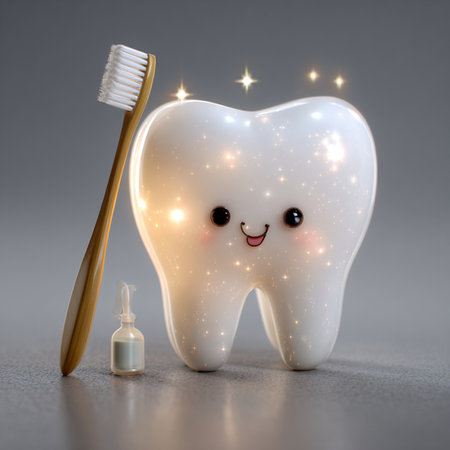 Tooth character with toothbrush and toothpaste on gray background.の素材