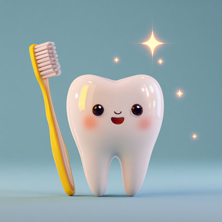 Tooth with toothbrush on blue background. 3D illustrations.の素材