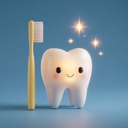 Tooth with toothbrush on blue background. 3D illustrations.の素材