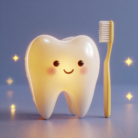 Tooth with toothbrush on blue background. 3D illustrations.の素材