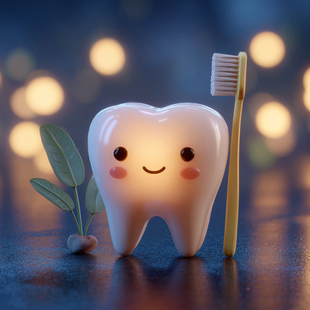 Tooth character with toothbrush on blue background. 3d illustrationの素材