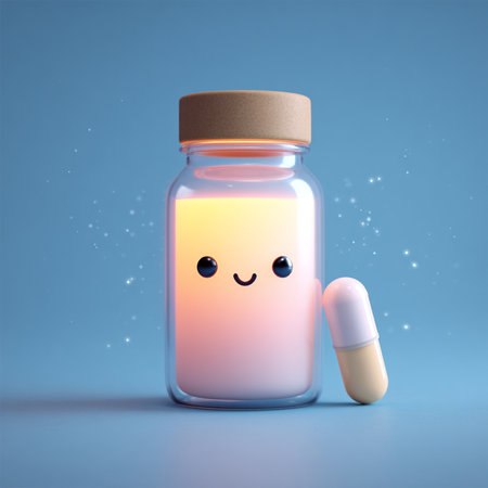 3d rendering of pill bottle with happy face isolated on blue backgroundの素材