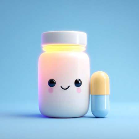 3d rendering of a pill bottle with a smiley face.の素材