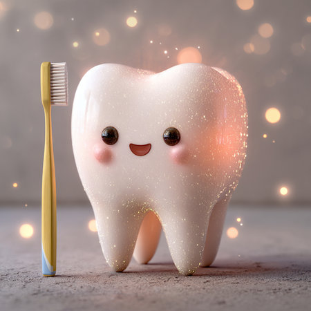 Tooth with a toothbrush on a light background. Dentistry concept.の素材
