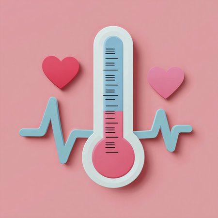 Thermometer with heart and cardiogram on a pink backgroundの素材