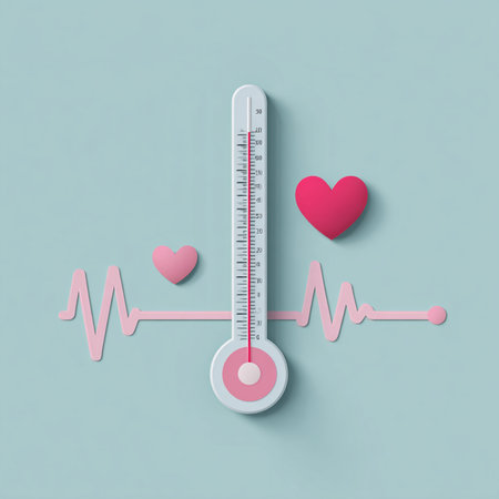 Thermometer with heart beat on blue background. 3d illustrationの素材