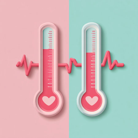 Thermometer with heart beat on blue and pink background. Vector illustrationの素材