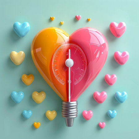 Heart shaped light bulb with scale on blue background. 3d illustrationの素材
