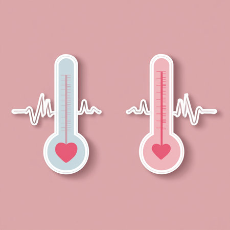 Thermometer with heart and pulse on pink background. Vector illustration.の素材