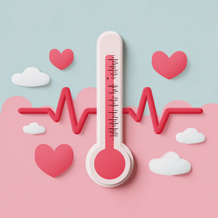 Thermometer with heart beat on pink background. 3d illustrationの素材