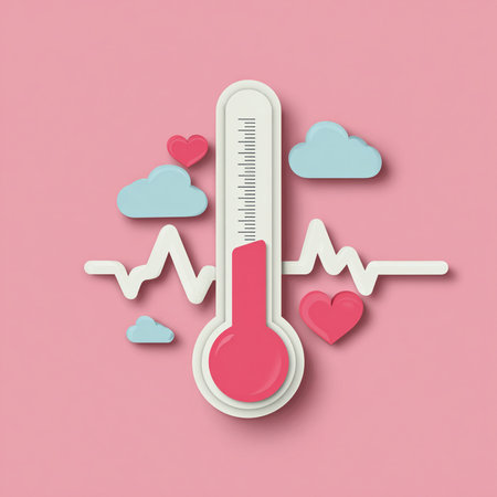 Thermometer with heart rate and cloud on pink background. Vector illustration.の素材