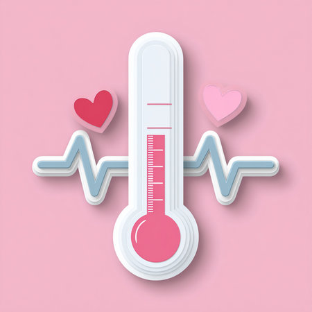 Thermometer with heart beat on pink background. Vector illustration.の素材