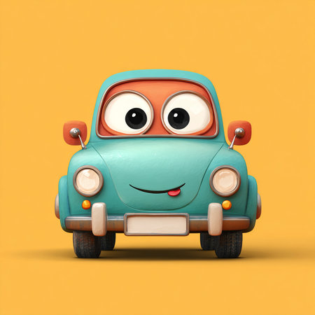 Cute cartoon car on a yellow background. 3d rendering.の素材