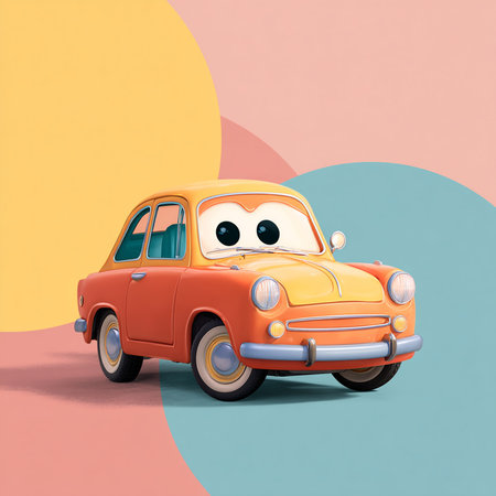 Retro car with eyes on colorful background. 3D illustrations.の素材
