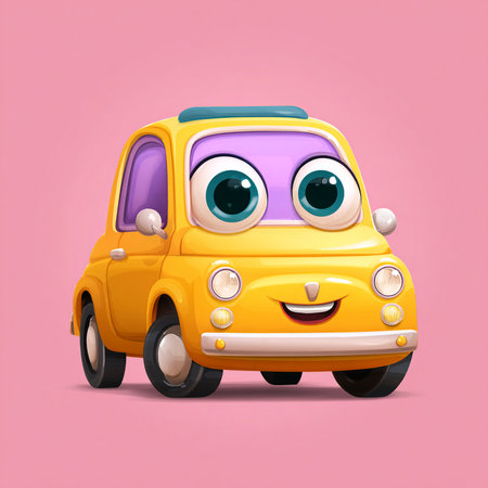Cartoon car with happy face isolated on pink background. 3d renderingの素材