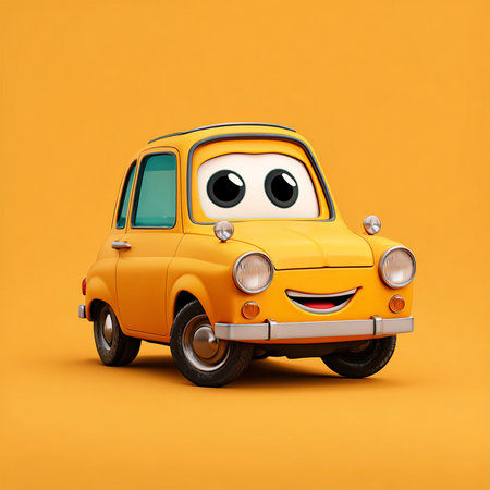 Cute cartoon car on a yellow background. 3d rendering.の素材