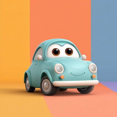 Cute cartoon car on colorful background. 3D rendering. Cartoon style.の素材