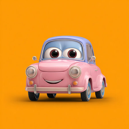 Cartoon car - 3D Illustration, isolated on orange backgroundの素材