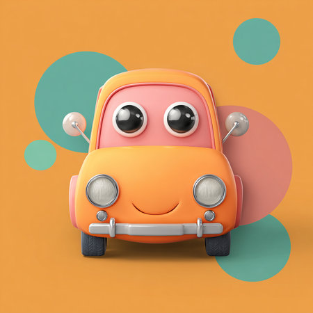 Cute cartoon car with smiley face isolated on orange background. 3d illustrationの素材