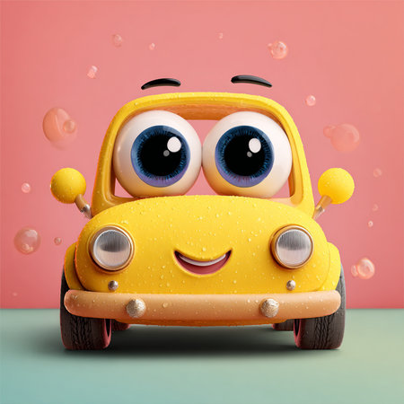 funny yellow car with eyes and smile on pink background, 3d illustrationの素材