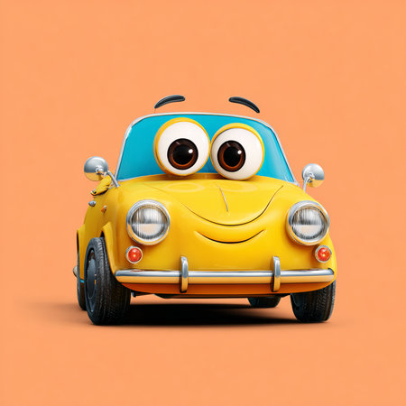 Funny cartoon yellow car with smiley face isolated on orange backgroundの素材