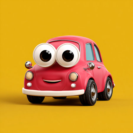 Funny pink car with eyes on a yellow background. 3d renderingの素材