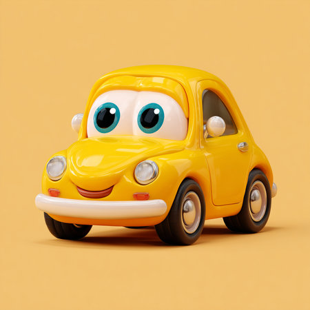 Cute cartoon car with smiley face isolated on yellow background. 3d illustrationの素材