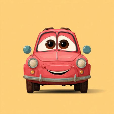 funny cartoon red car with smiley face on yellow background, illustrationの素材