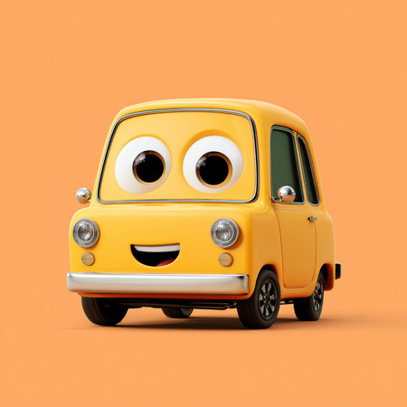 Cute Cartoon Yellow Van Isolated on Orange Background 3D Illustrationの素材