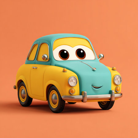 Cartoon car on a orange background. 3d render illustration.の素材