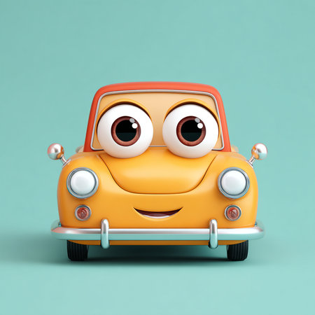 Cute cartoon car on a blue background. 3d rendering.の素材