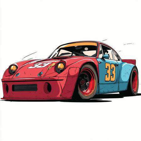 drawing of a race car on a white background, vector illustrationの素材