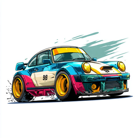 illustration of a racing car in the style of the 80s.の素材