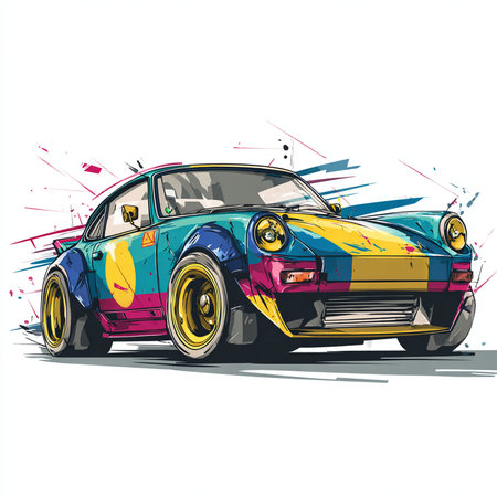 Colorful vintage sports car on the road. Vector hand drawn illustrationの素材