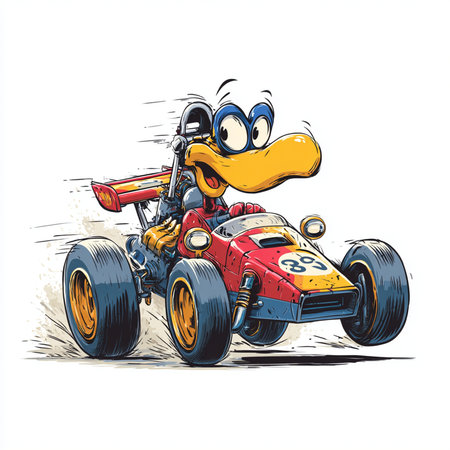illustration of a funny cartoon man driving a race car on white backgroundの素材