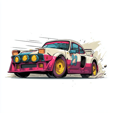 Vintage race car. Hand drawn vector illustration on white background.の素材