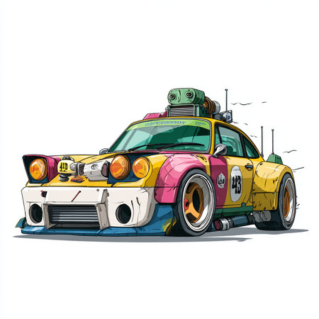Hand drawn vector illustration of a retro car with luggage on wheels.の素材