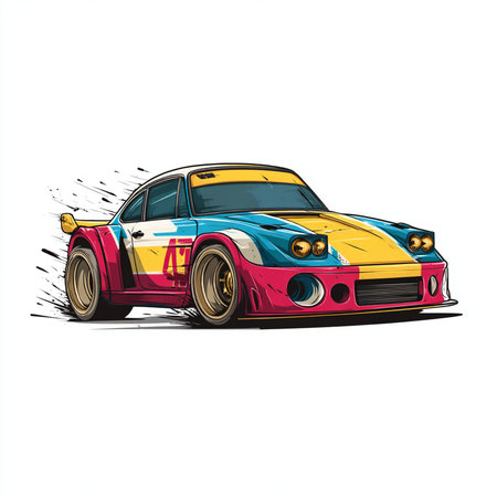 illustration of a racing car on a white background with splashesの素材