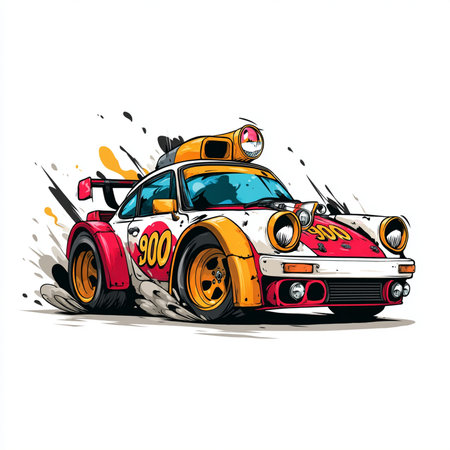 Racing car vector illustration. Hand drawn vintage car with fire engine.の素材
