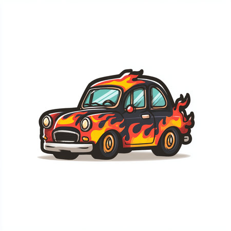 Cartoon car with flames on a white background. Vector illustration.の素材