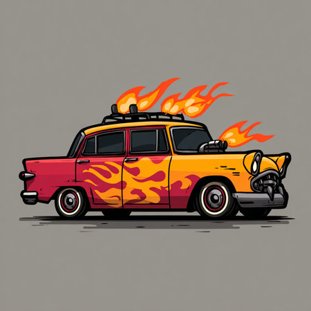 Vector illustration of an old car with flames on a gray background.の素材