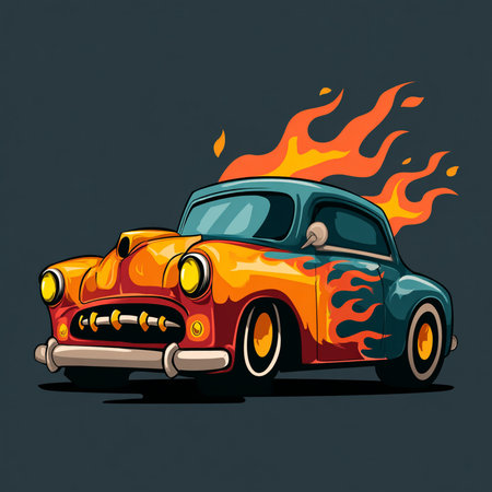 Cartoon car on fire. Vector illustration on a dark background.の素材