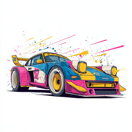 illustration of a racing car with color splashes on white backgroundの素材