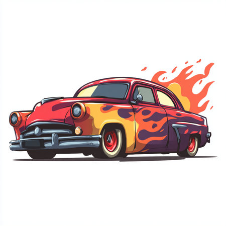 Retro car with flames. Vector illustration isolated on white background.の素材